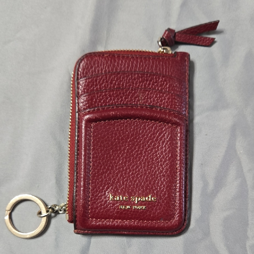 Kate Spade Red Knott Zip Leather Card Holder with Gold Accents